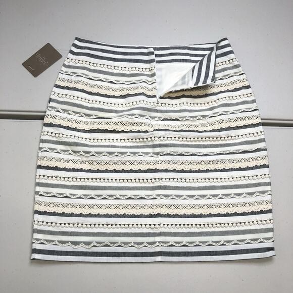 TABITHA Anthropologie Womens Skirt Lace Stripe Lined Pockets Size 4 Linen Blend - Picture 7 of 7